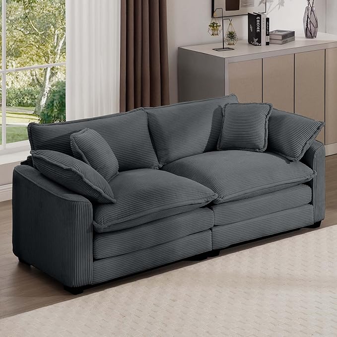 KEIKI 80" Oversized Corduroy Modular Sectional Loveseat Sofa with High-Density Foam Cushions, Removable Armrests, Upholstered Modern 2-Seater Fluffy Corner Couch with 4 Pillow, for Living Room, Grey
