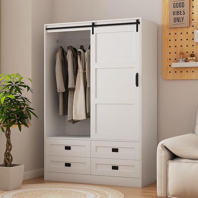 Wardrobe Closet with Sliding Barn Door, Tall Wooden Bedroom Armoire Wardrobe Closet Clothing Storage Cabinet with 4 Drawers, Adjustable Shelves and Hanging Rod, Clothes Cabinet for Bedroom, White