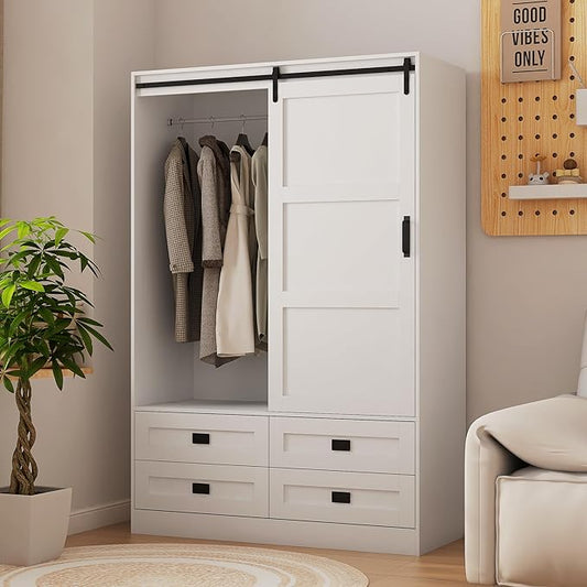 Wardrobe Closet with Sliding Barn Door, Tall Wooden Bedroom Armoire Wardrobe Closet Clothing Storage Cabinet with 4 Drawers, Adjustable Shelves and Hanging Rod, Clothes Cabinet for Bedroom, White