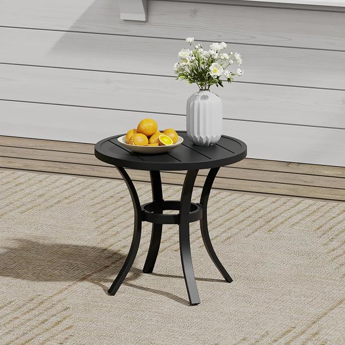 VICLLAX Outdoor Set for 2, Small Patio Table and Chairs Set of Stackable Patio Sling Chairs and Round Dining Table for Front Porch, Brown Fabric and Black Table - Image 5