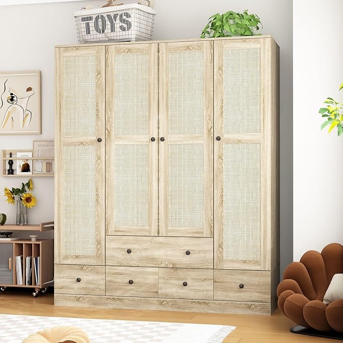 MOUMON 4 Rattan Door Wardrobe with Shelves and Drawers, Armoire Wardrobe with 2 Clothing Rods, Closet for Bedroom Oak 19“D x 59”W x 70.9”H