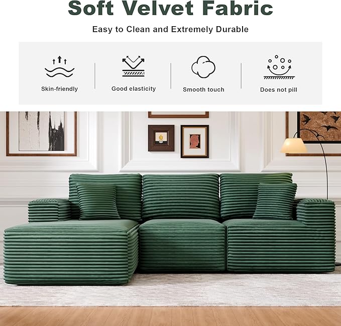 104" Modular Sectional Sofa with L-Shape Chaise, Modern Upholstered Cloud Couches for Living Room Bedroom, No Assembly Required, Green