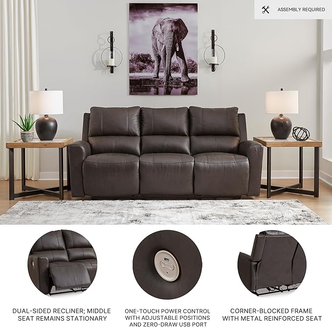 Signature Design by Ashley Boxmere Modern Leather Match Power Reclining Sofa with USB Ports, Dark Brown