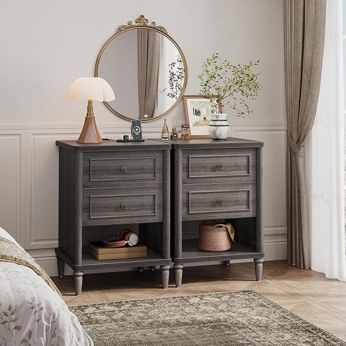 Bestier Nightstand Set of 2, 26.7" Farmhouse Night Stand with Chargeing Station, Wood Modern Nightstand with 2 Drawers & Shelf, Bed Side Table with Outlets & Ports, End Table for Bedroom, Black - Image 7