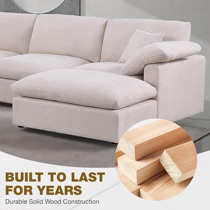 144-Inch Oversized L-Shaped Symmetrical Sectional Cloud Sofa,Modern 8 Seat Modular Cloud Sofa Luxury Convertible Couch with 6 Pillows and Movable Ottoman for Living Room