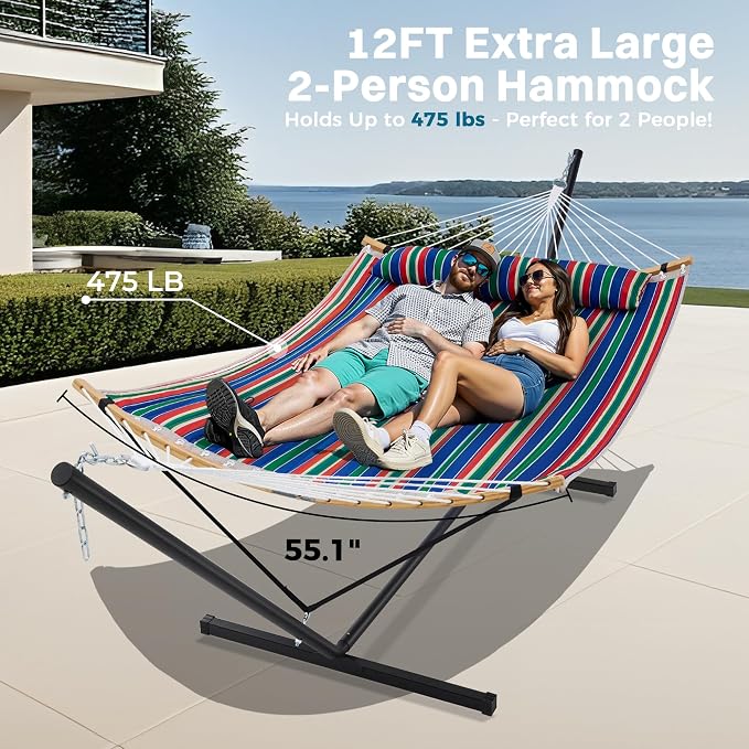 SUPERJARE Curved-Bar Hammock with Stand, 2 Person Heavy Duty Hammock Frame, Detachable Pillow & Portable Carrying Bag, Perfect for Outdoor & Indoor, Retro Blue and Green - Image 3