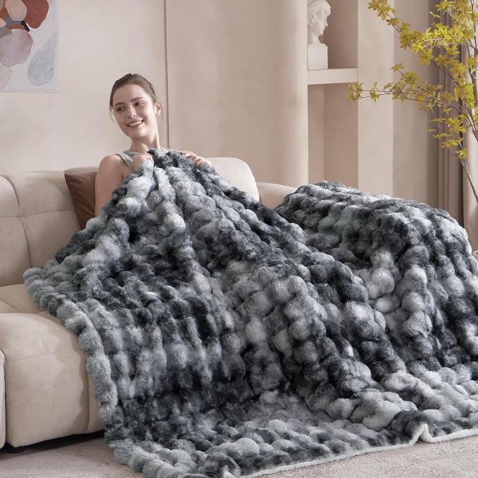 50x60 Inches Ultra-Soft Fuzzy Faux Fur Plush Throw Blanket - Thick, Warm Sherpa for Couch, Sofa, Bedroom, Camping - Decorative Blanket for Cozy Warmth, Bubble Light Grey Tie Dye