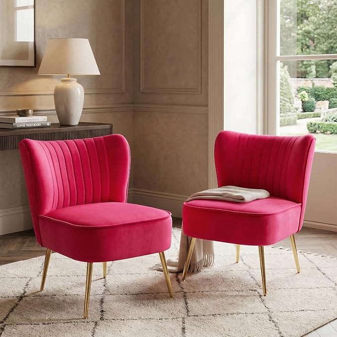 DUOMAY Modern Accent Chair Set of 2 Velvet Slipper Chair with Gold Legs Wingback Side Chair for Living Room Bedroom Entryway Small Corner Chair for Space Saving, Rose Red