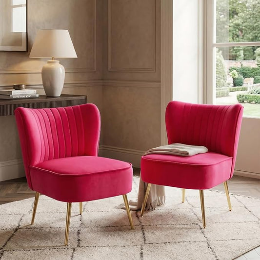 DUOMAY Modern Accent Chair Set of 2 Velvet Slipper Chair with Gold Legs Wingback Side Chair for Living Room Bedroom Entryway Small Corner Chair for Space Saving, Rose Red