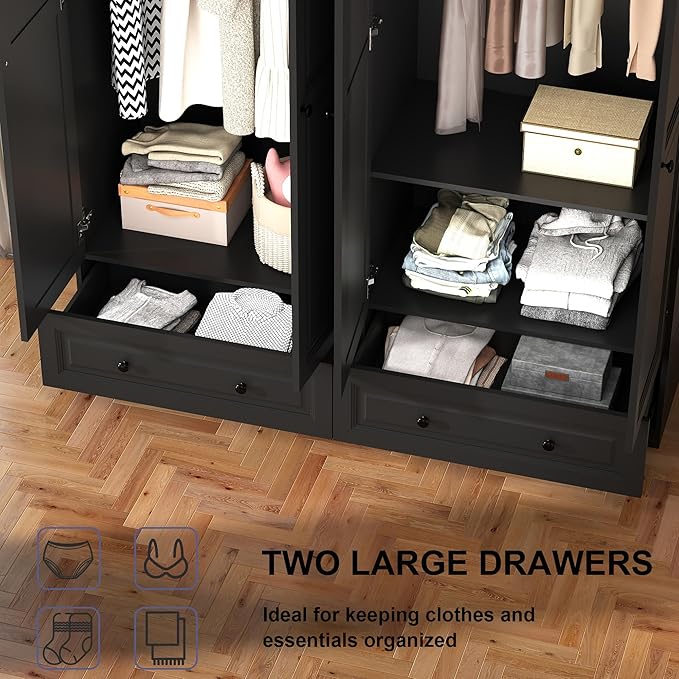 Armoire Wardrobe Closet with Drawers: 74" Black Wardrobe Close with 4 Doors and 2 Drawers, Tall Armoire with Hanging Rod, Large Wooden Clothes Cabinet for Bedroom (Black, 63")