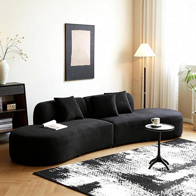 132" Curved Sofa with Throw Pillows, 6 Seater Luxury Velvet Couch with Half Moon Design and High-Density Foam, Ideal for Modern Living Room, Office & Apartment, Black