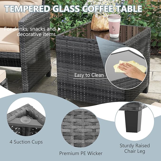 ORALNER 5 Pieces Patio Furniture Set with Ottoman, Wicker Conversation Set w/Cushions, Glass Coffee Table, Outdoor Lounger Rattan Chairs Bistro Set for Porch Balcony Garden Deck Poolside (Beige)