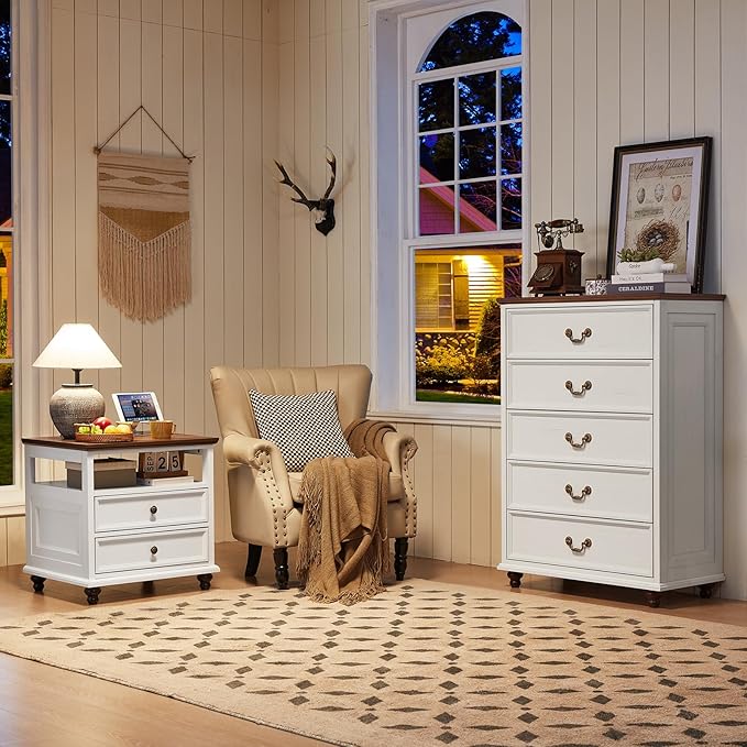 Joaxswe 24" Wide Farmhouse Nightstand with Charging Station Set of 2,54" 7 Drawers Dresser, 45" Tall Rustic Chests of 5 Drawers, Farmhouse Furniture Series for Bedroom,White