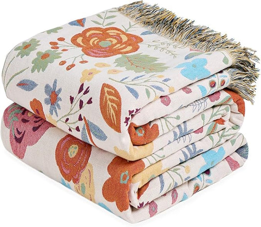 LUTBM Boho Throw Blanket for Couch Sofa Chair Cotton Spring Blankets for Bedroom Living Room All Season Soft Lightweight Reversible Floral Embroidery Throws 50"x60" Bohemian Room Decor