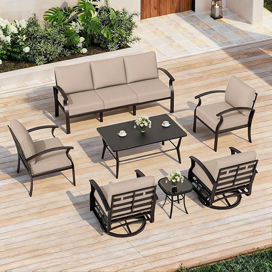 ALAULM Aluminum Patio Furniture Set with Coffee Table Rectangular, 7-seat Outdoor Sectional Furniture w/Swivel Chairs, Patio Conversation Set for Porch, Backyard, Poolside-Sand