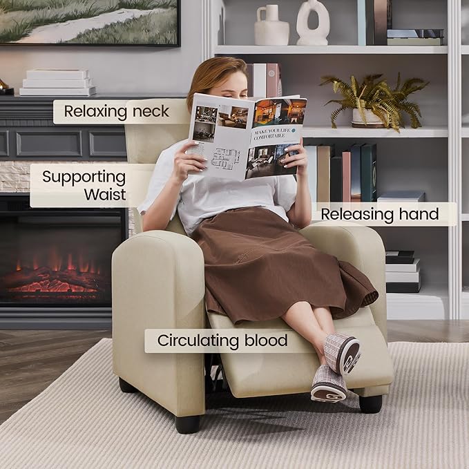 Topeakmart Fabric Recliner Sofa Push Back Recliner Chair Adjustable Modern Single Reclining Chair Upholstered Sofa with Pocket Spring Living Room Bedroom Home Theater Beige