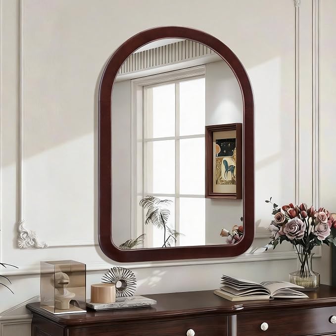 Arched Mirror 24 x 36 Inch,Dark Walnut Brown Wood Rustic Bathroom Tempered Wall Mirror with Wood Frame,Round Corner Arch Farmhouse Wooden Vanity Mirror for Living Room,Entryway or Bedroom - Image 4