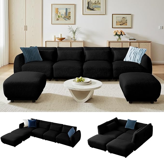 Sectional Sofa Couch, Modern U Shaped Sectional Couch with Ottoman, Modular Sectional Sofa Cloud Couches for Living Room (Black, 4 Set + 2 Ottoman)