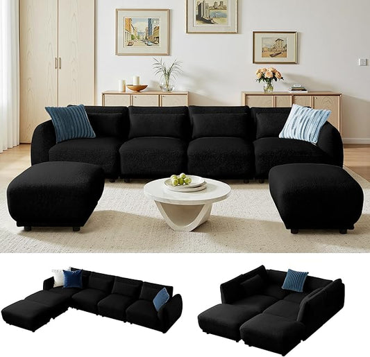Sectional Sofa Couch, Modern U Shaped Sectional Couch with Ottoman, Modular Sectional Sofa Cloud Couches for Living Room (Black, 4 Set + 2 Ottoman)