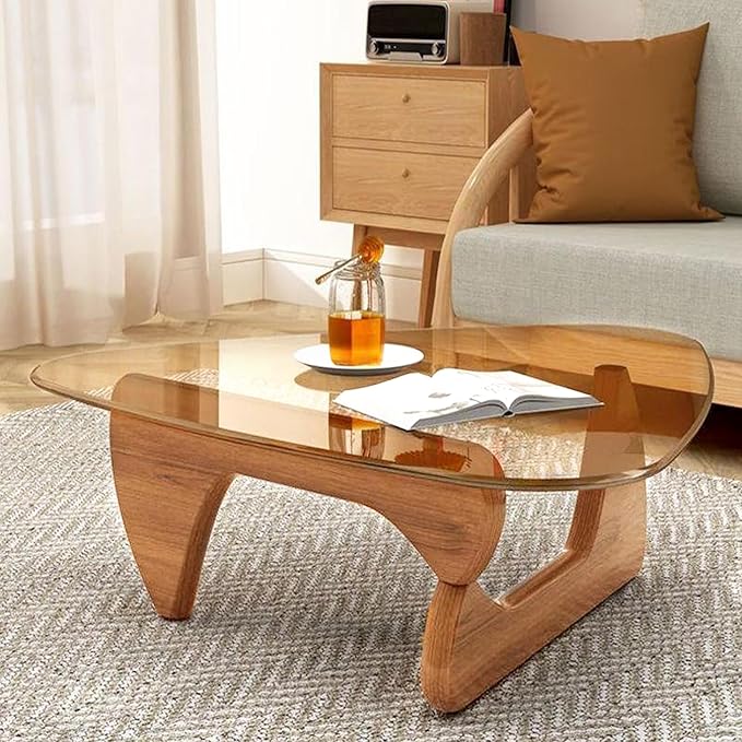 Modern Glass Coffee Table - Large Unique Wooden Center Table with Triangle Design, Rustic Vintage for Small Spaces - Walnut Brown