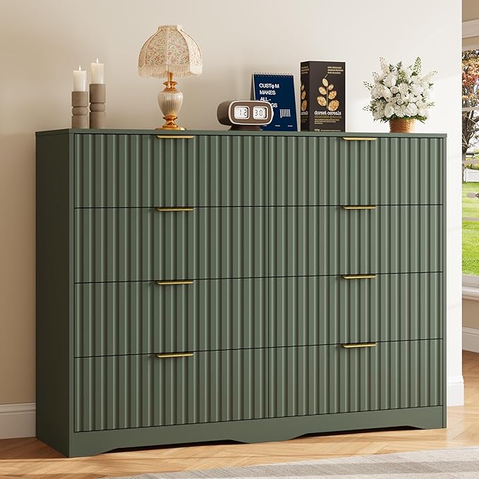 8 Drawer Dresser and Nightstand Sets for Bedroom, Modern Fluted 3 Pcs Bedroom Dresser Furniture Sets, Wood Chest of Drawers and Nightstand Set of 2 with Metal Handles, Green
