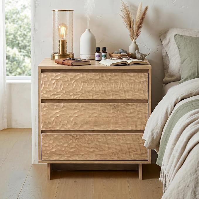 Miereirl Nightstands with Charging Station, Modern Nightstand with 3 Drawers, 26.5" W Wooden End Side Table for Bedroom, Natural Oak by Miereirl