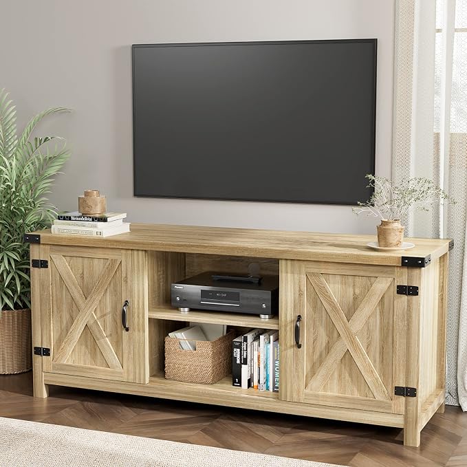 YESHOMY Modern Farmhouse TV Stand with Two Barn Doors and Storage Cabinets for Televisions up to 65+ Inch, Entertainment Center Console Table, Media Furniture for Living Room, 58 Inch, White Oak by SearchallYESHOMY
