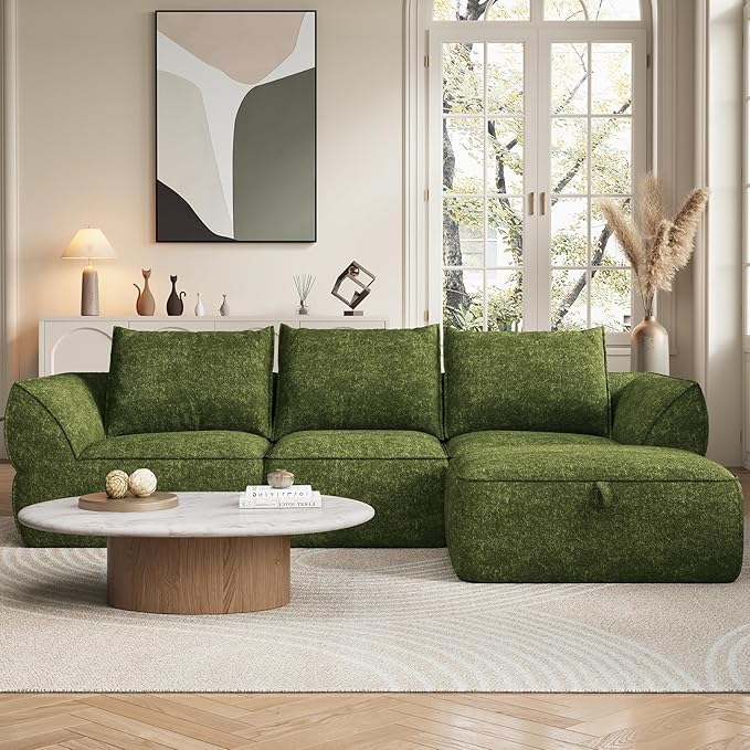 104" Modular Sectional Sofa with Deep Seat, Comfortable Upholstery L Shaped Cloud Couch for Living Room, 3-Seater Boneless Sofa with Movable Ottoman, Removable Cover, No Assembly Required, Algae Green