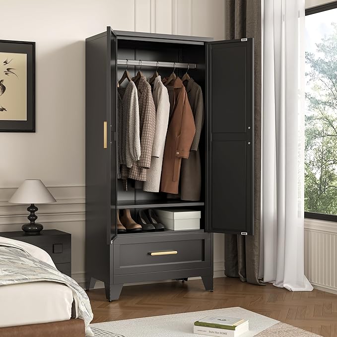 LCAOPC 71" Tall Metal Wardrobe Cabinet with Drawer and Hanging Rod, 2 Doors Armoire Wardrobe Closet with Shelf for Bedroom, Office, Laundry Room, Black