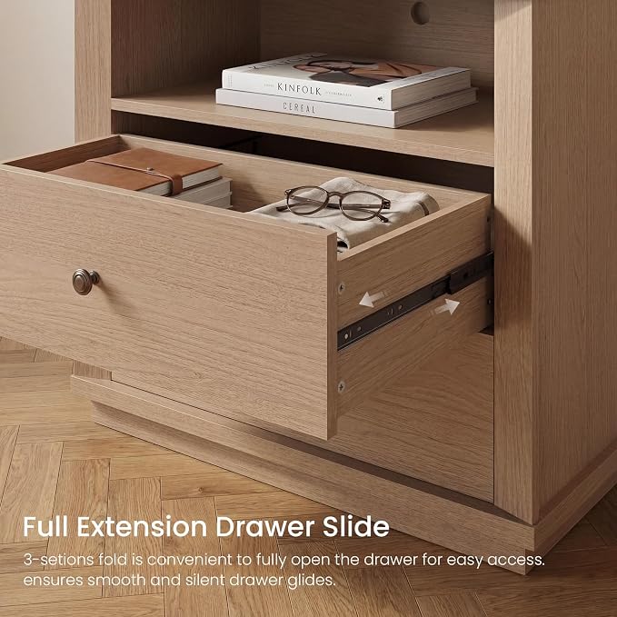 Night Stand Set of 2, Oversized Extra Large Nightstand with Charging Station, Tall Bedside Side Table with 2 Drawers Storage, Modern End Tables Wide Night Stands for Bedroom, White Oak - Image 6
