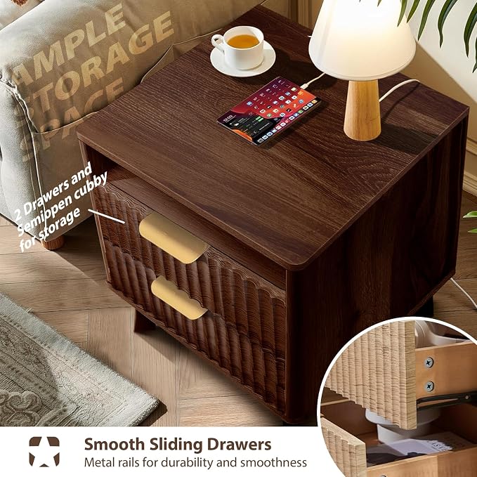 Fluted Nightstand - 24" Modern Bedside Table w/ 2 Drawers, Wood Bed Side End Table with Open Shelf, Night Stand with Storage Drawer, Curved Design Night Stands for Bedroom Living Room (Walnut) - Image 5