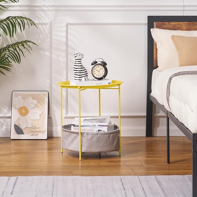 VECELO Round Side/End Table with Fabric Storage Basket，Metal Anti-Rust and Waterproof Small Bedside Nightstand with Removable Tray Top for Living Room，Balcony & Laundry，Yellow /1pcs with Basket - Image 5