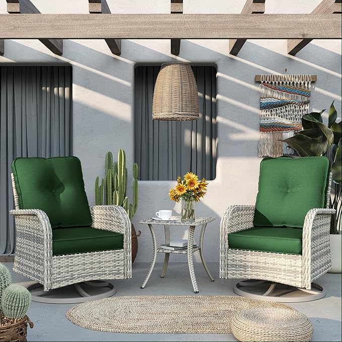 6-Piece Patio Rocking Swivel Chair Outdoor Wicker Rattan Bistro Set with Tempered Glass Side Table, Outdoor Patio Furniture Set for Garden, Deck, and Balcony, Green