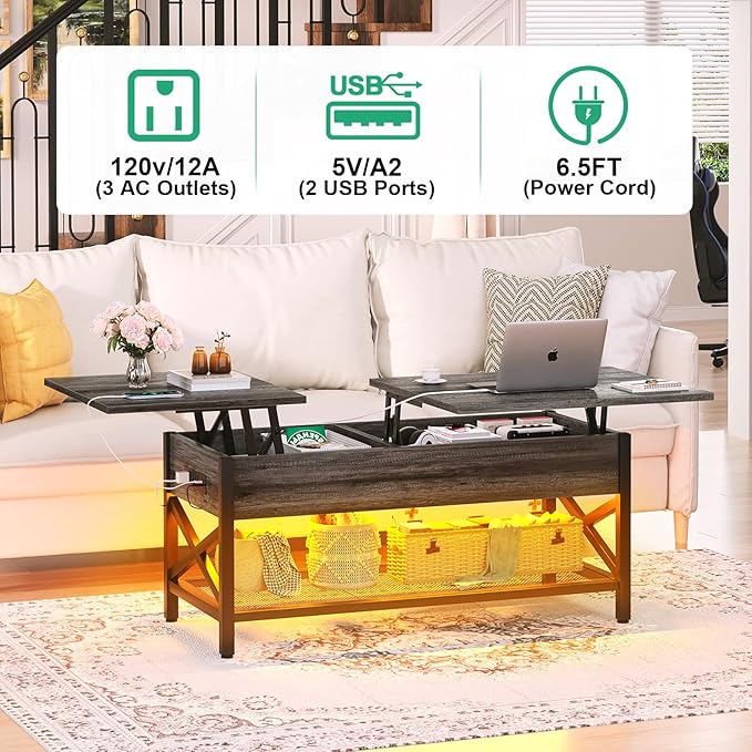 Coffee Table, Lift Top Coffee Table with Storage, LED Light & Power Outlet and Hidden Compartment, Retro Center Table for Living Room, X Support Wood Tabletop, Metal Frame, Black Oak