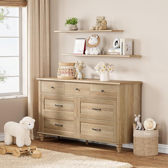 WAMPAT 3 Piece Bedroom Set - Includes Farmhouse 7 Drawer Dresser, Set of 2 Bedside Tables with 3 Drawers, 3 Piece Dresser and Nightstand Sets, Oak