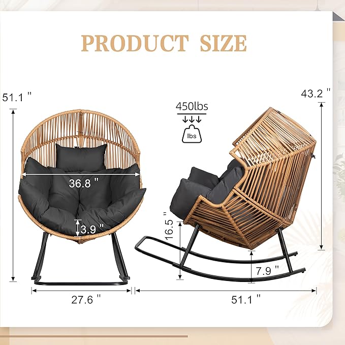 Vongrasig Wicker Egg Chair PE Rattan Rocking Chair with Cushion, Oversized Patio Lounge Rocker Chair for Outdoor, Indoor, Balcony, Backyard, Garden, Black - Image 2