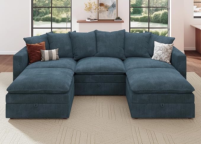 HONBAY Modular Sectional Sofa, 105.5 Inch Deep Seat U Shaped Couch with Storage & Adjustable Armrest Backrest, Blue