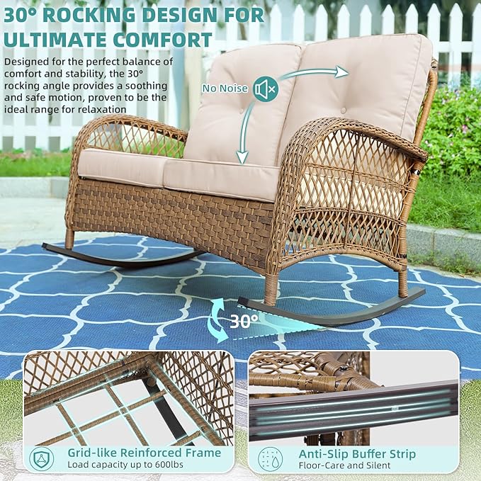 MEETWARM Outdoor Wicker Loveseat Rocking Chair, Loveseat for 2 Person Porch Furniture Rocker with Glass-Top Coffee Table, All-Weather Rattan Patio Rocking Bench with Thickened Cushions, Brown