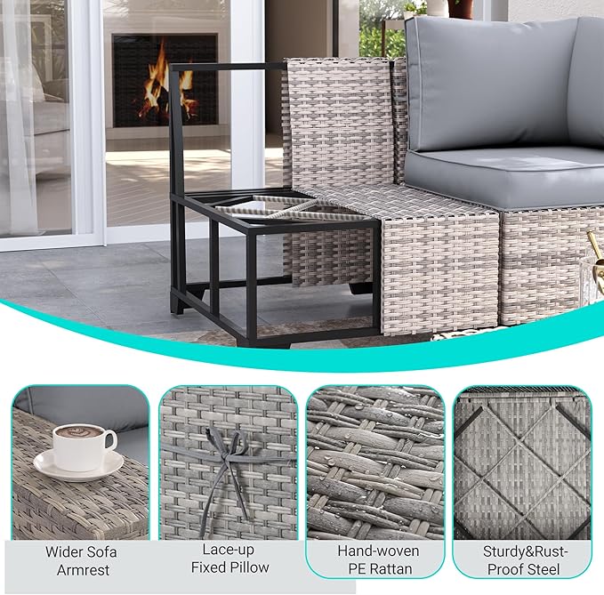 13-Piece Outdoor Patio Furniture Set with 55,000 BTU Fire Pit Table, Grey PE Wicker Rattan Sectional Sofa Patio Conversation Set with Coffee Table, Grey