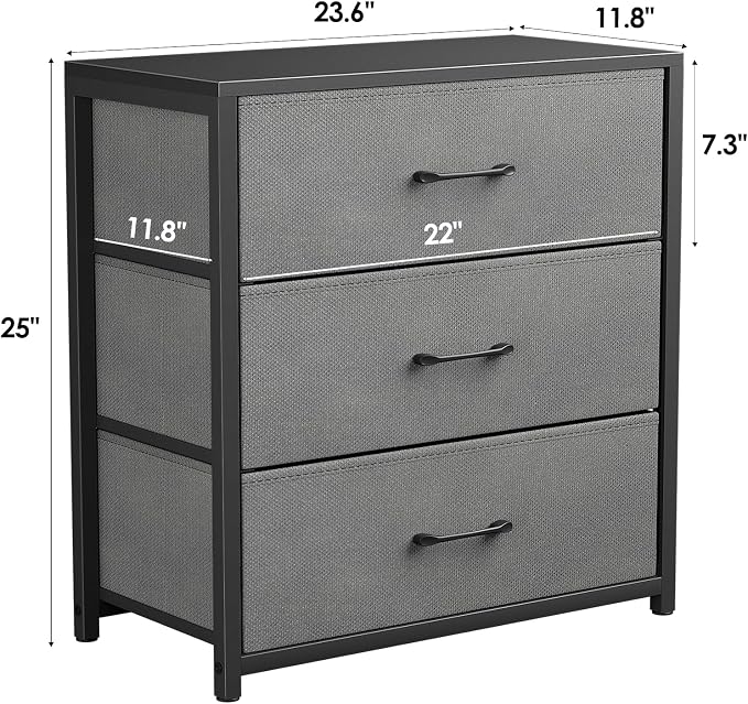 Memobarco Nightstand with 3 Drawers for Bedroom, Storage Dresser with Fabric Drawers and Metal Frame for Closet, Living Room, Bedside Table with Wood Top, Easy Pull Handle, Gray - Image 2