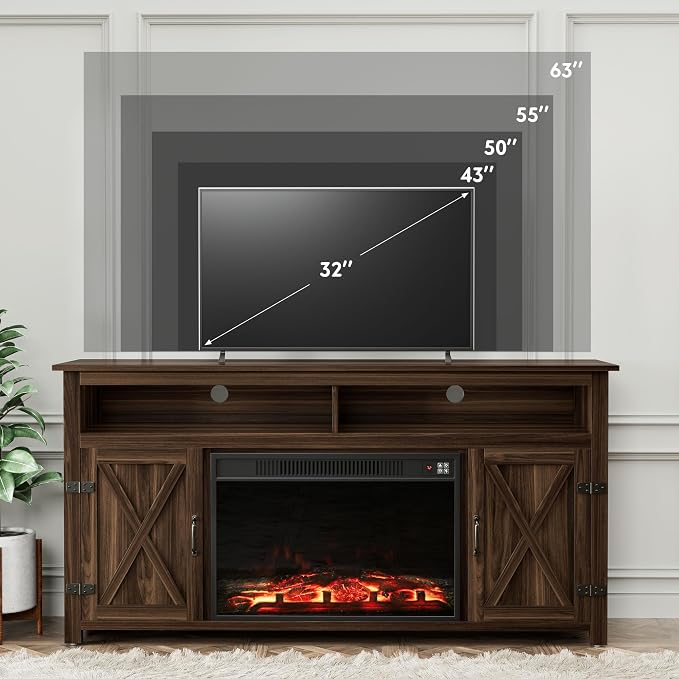 YESHOMY Fireplace TV Stand for Television up to 65+ Inch with Storage and Farmhouse Barn Doors, Entertainment Center with Cabinet and Shelves, Media Console for Living Room, Walnut - Image 6