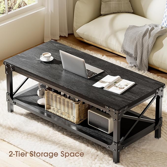 Rectangle Coffee Tables for Living Room, Wood Rectangular Coffee Table, 2 Tier Industrial Modern Center Table with Thickened Tabletop and Metal Frame, 47 inch Long (Black)