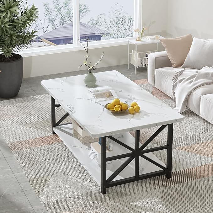 AWQM Faux Marble Coffee Table for Living Room with Round Corners,2 Tier Living Room Table with Storage Shelf,Rectangular Coffee Table Center Table for Small Spaces,White