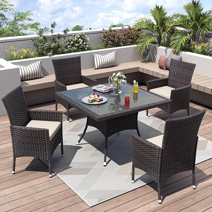 ALAULM 5 Piece Patio Dining Set All-Weather Wicker Outdoor Furniture Set w/Tempered Glass Tabletop, Removable Cushions and Umbrella Hole for Patio, Backyard, Garden, Poolside（Brown） by ALAULM