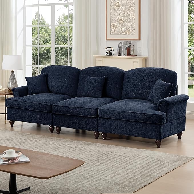 KEIKI Mid Century Modular Sofa with Flared Arms and Skirted Design, 107” Oversized 3-Seater Chenille Sectional Couches for Living Room, Soft Apartment Size Couch, Home Sofa Bedroom Furniture, Blue