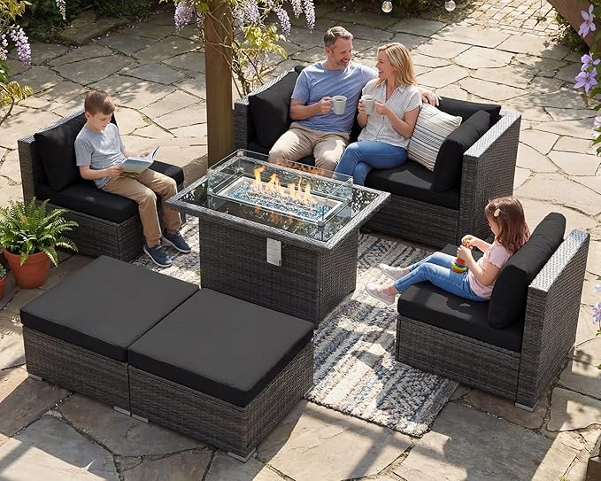 NICESOUL 7 Piece Outdoor Patio Sectional Furniture Set with Firepit Natural Gas/Propane, 29.3'' High-Back Comfy Conversations for Outside, Oversized Wide Wicker Couches, 2 Color Cushion Black & Gray