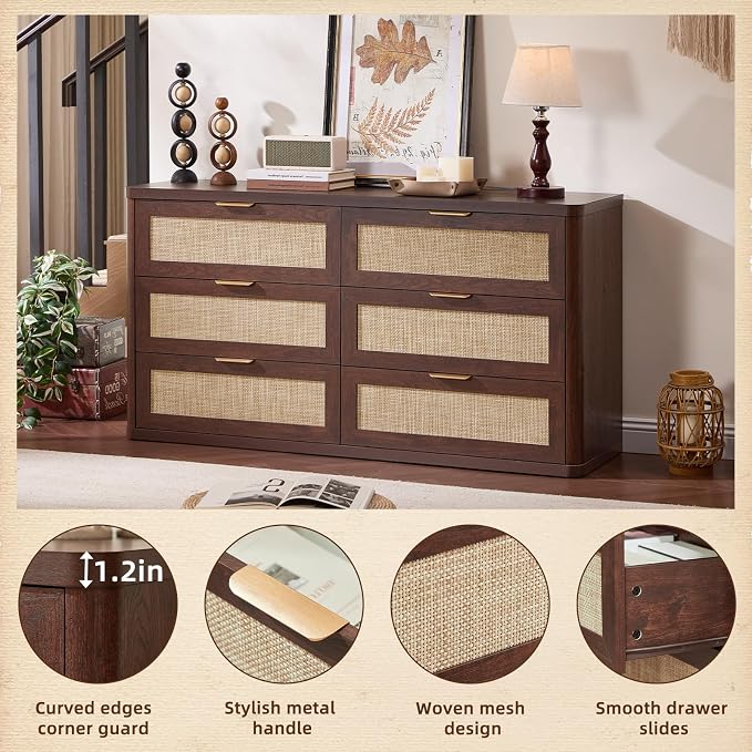 LEYAOYAO Rattan 6 Drawer Dresser for Bedroom, 54" Wide Boho Chest of Drawers, Wooden Dressers TV Stand with Metal Handle, Storage Closet Organizer for Living Room, Hallway, Walnut - Image 5