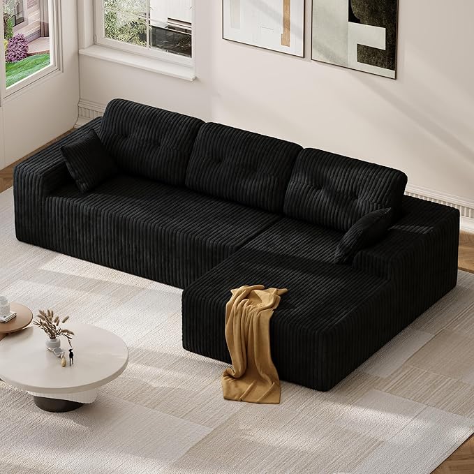 Ball & Cast 106" Cloud Modular Sectional Sofa, Boneless Corduroy Couch with Deep Seat, Comfy L-Shaped Sectional, Modern Upholstered Sofa for Living Room, No Assembly (Black, Right Facing Chaise)
