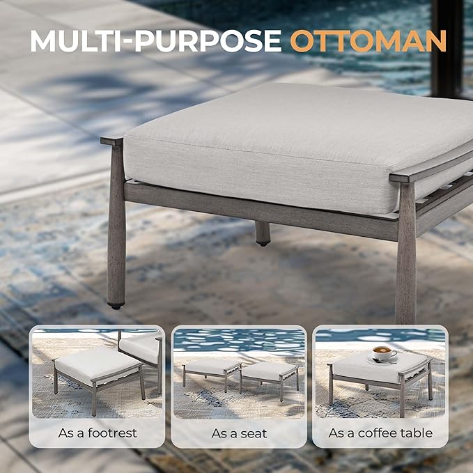 HAPPATIO Patio Outdoor Furniture Set - 6 Pieces Aluminum Outdoor Conversation Set with 1 Three-Seater Sofa, 1 Coffee Table, 2 Armchairs, and 2 Ottomans for Yard, Porch, and Deck (Grey)