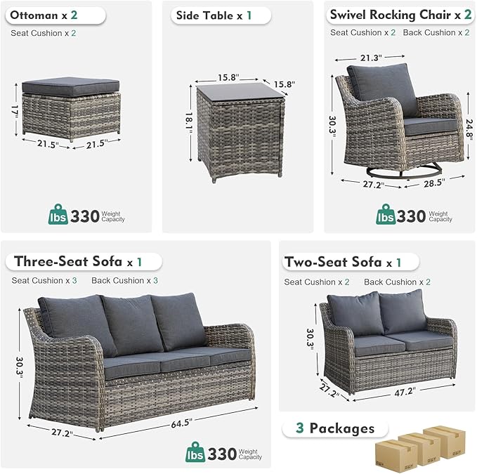 MEISSALIVVE 7 Pieces Patio Furniture Set with Swivel Chair, Wicker Patio Sofa, Rattan Conversation Set with Three-seat Sofa, 2 Ottomans and Loveseat for Lawn Backyard (Grey)